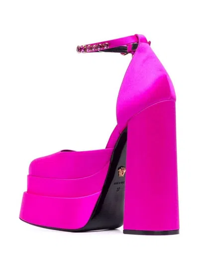 Shop Versace 'aevitas' Fuchsia Pumps With Medusa Charm And Platform In Silk Blend Woman In Fuxia