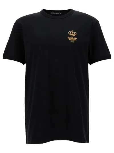 Shop Dolce & Gabbana Black T-shirt With Bee And Crown Print In Cotton Man