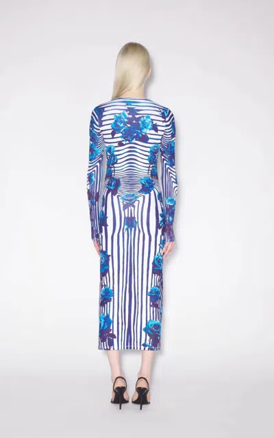 Shop Jean Paul Gaultier Women Printed "flower Body Morphing"jersey Long Sleeves Dress In 015951 White/navy/aqua