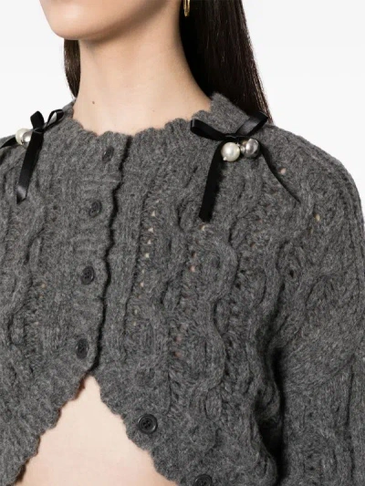 Shop Simone Rocha Women Beaded Bell Charm Lace Stitch Chunky Knit Cardigan In Grey/pearl/silver