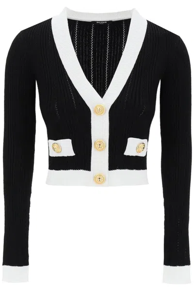 Shop Balmain Knitted Cardigan With Embossed Buttons In Black