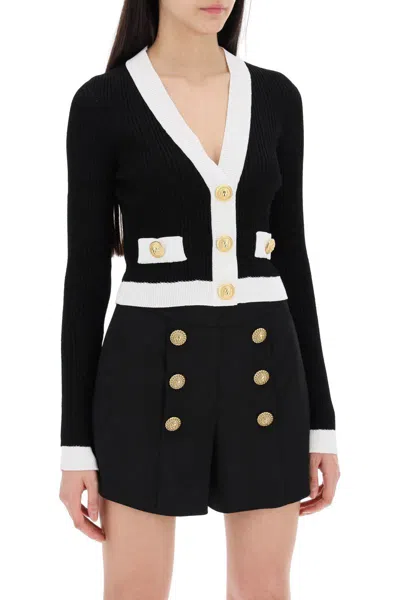 Shop Balmain Knitted Cardigan With Embossed Buttons In Black
