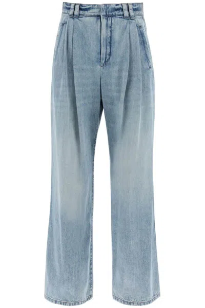 Shop Brunello Cucinelli Wide Leg Jeans With Double Pleats In Blue