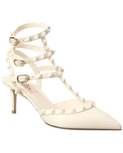 Shop Valentino Rockstud Caged 65 Leather Ankle Strap Pump In White
