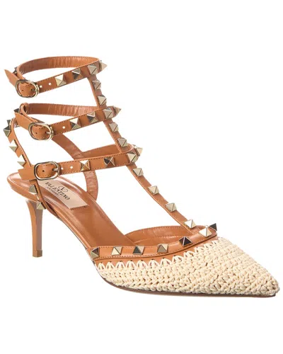 Shop Valentino Rockstud Caged 65 Woven & Leather Ankle Strap Pump In Brown