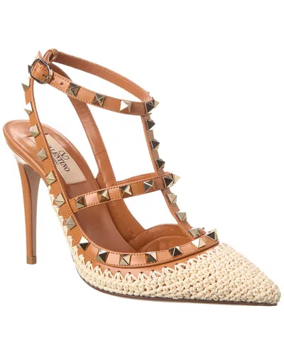 Shop Valentino Rockstud Caged 100 Woven & Leather Pump In Brown