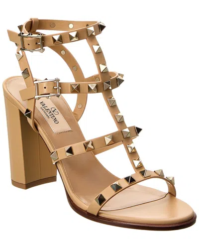 Shop Valentino Rockstud Caged 90 Leather Ankle Strap Sandal In Yellow