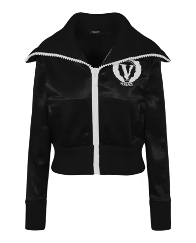Shop Versace Logo Embroidered Track Jacket In Black