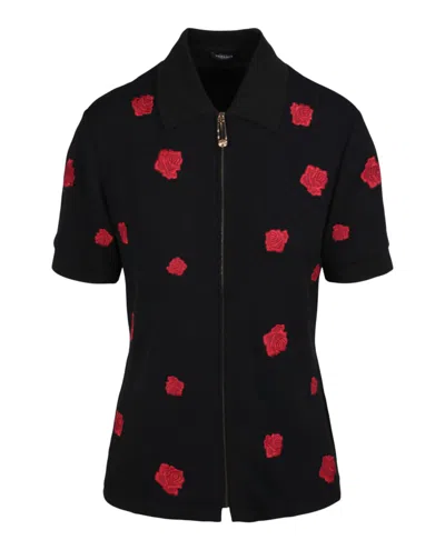 Shop Versace Zip Up Rose Embroidered Short Sleeve Shirt In Black