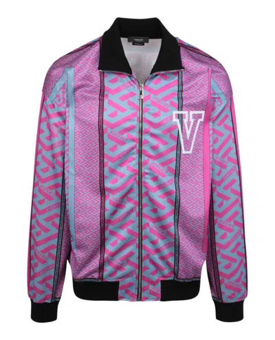 Shop Versace Greca Print Zip-up Sweatshirt In Multi