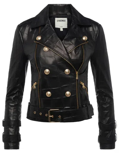Shop L Agence Women's Billie Belted Leather Jacket In Black Croc