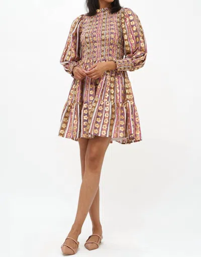 Oliphant Smocked Flirty 3/4 Sleeve Mini Dress In Petal Olive In Multi
