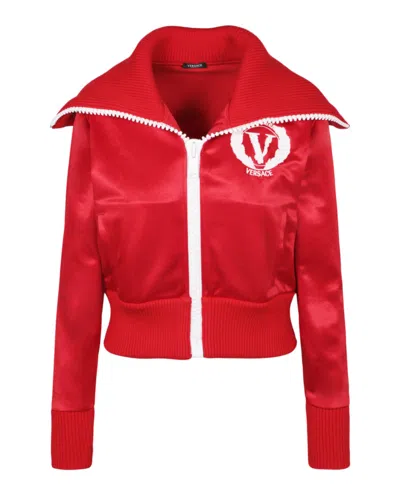 Shop Versace Logo Embroidered Track Jacket In Red