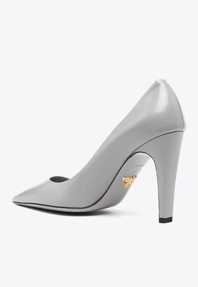 Shop Prada 100 Leather Pointed Pumps In Gray