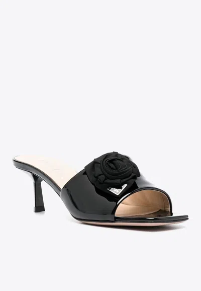 Shop Prada 65 Floral-appliqué Patent Leather Mules In Black