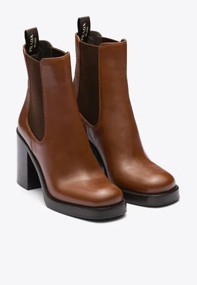 Shop Prada 85 Brushed Leather Ankle Boots In Brown