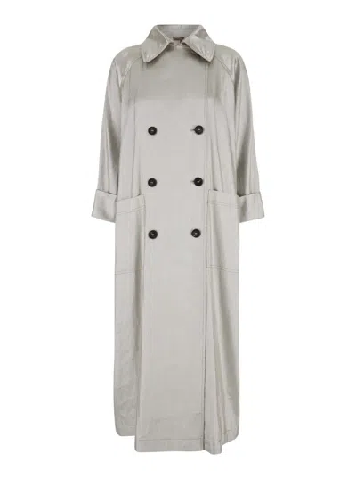 Shop Brunello Cucinelli Metallic Double-breasted Trench In Linen Woman In Grey