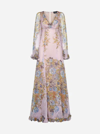 Shop Etro Print Silk Long Dress In Pink,multicolor