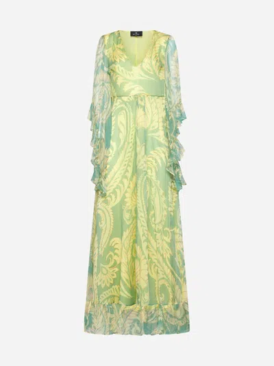 Shop Etro Print Silk Long Dress In Yellow,green