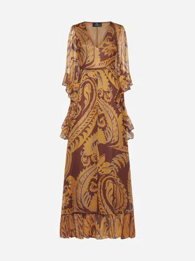 Shop Etro Print Silk Long Dress In Ocher,dark Brown