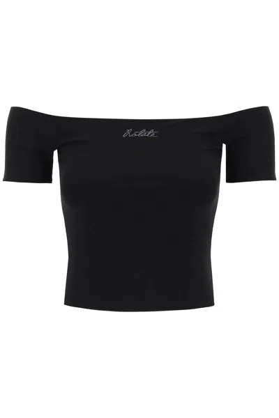 Shop Rotate Birger Christensen T Shirt Off Shoulder Con Logo In Ricamo Lurex In Black
