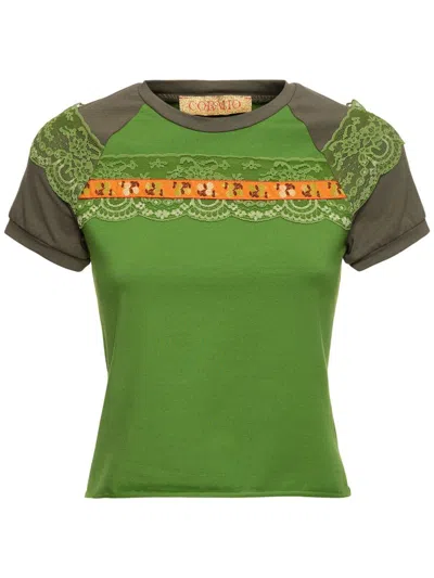 Shop Cormio Cotton Jersey Raglan T-shirt With Lace In Green