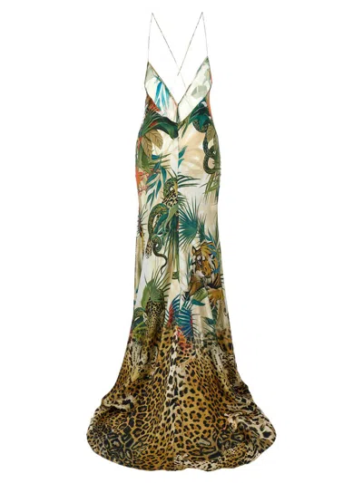 Shop Roberto Cavalli 'jungle' Long Dress In Multicolor