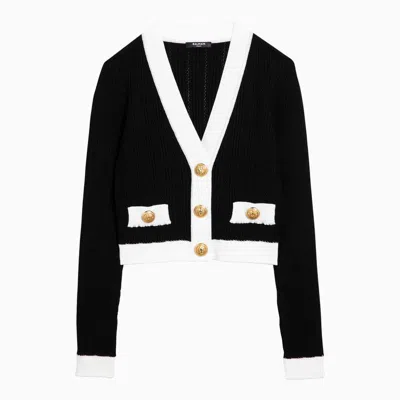 Shop Balmain Black/white Cardigan With Gold Buttons