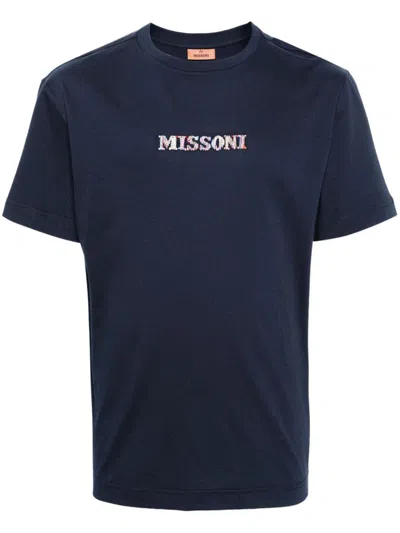 Shop Missoni T-shirt In Cotone Con Logo Ricamato In Blue