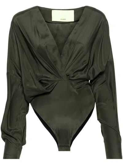 Shop Gauge81 Nabi Long Sleeve Silk Bodysuit In Green