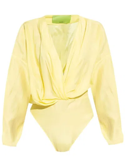 Shop Gauge81 Nabi Long Sleeve Silk Bodysuit In Yellow