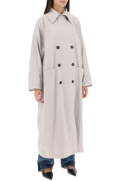 Shop Brunello Cucinelli Double-breasted Trench Coat With Shiny Cuff Details In Grey