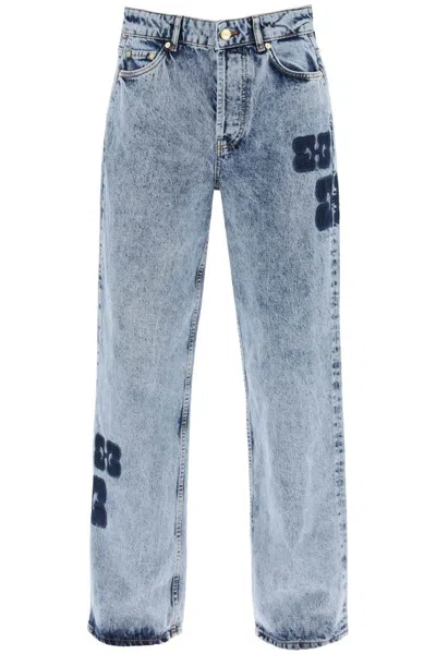 Shop Ganni Wide Leg Izey Jeans With Contrasting Details In Blue