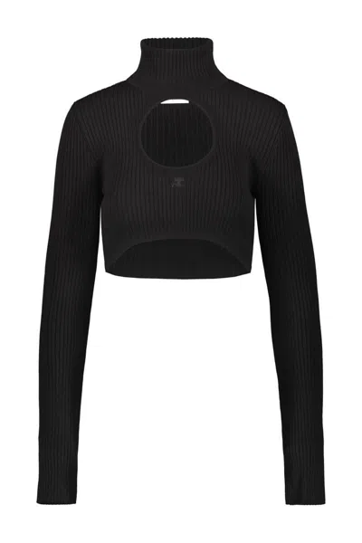 Shop Courrèges Cropped Sweater Circle Mockneck Rib Knit Clothing In Black