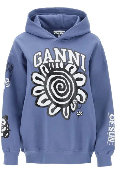 Shop Ganni Hoodie With Graphic Prints In Blue