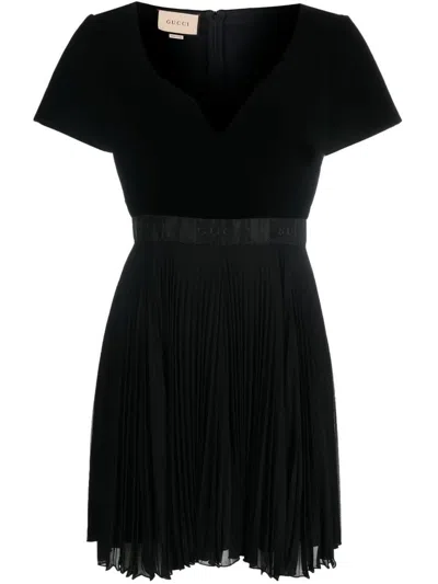 Shop Gucci Logo Pleated Mini Dress In Black
