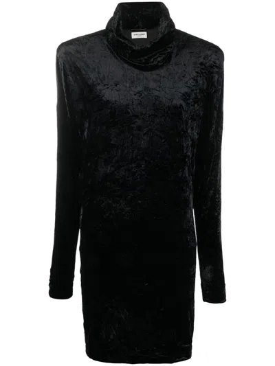 Shop Saint Laurent High Neck Velvet Sweater In Black
