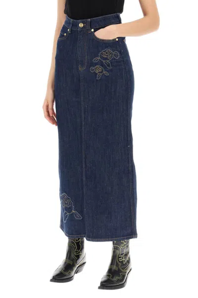 Shop Ganni Maxi Denim Skirt With Pink Embroidery In Blue