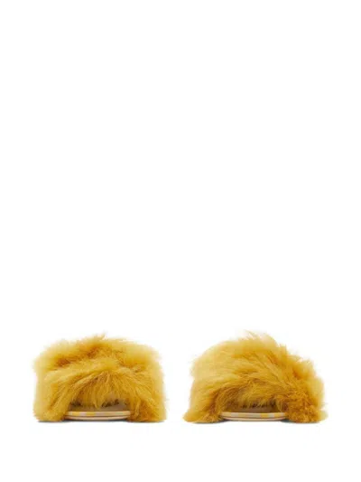 Burberry Jackie Shearling And Leather Mules In Yellow