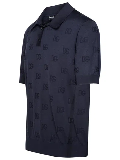 Shop Dolce & Gabbana Uomo Navy Silk Polo Shirt In Blue