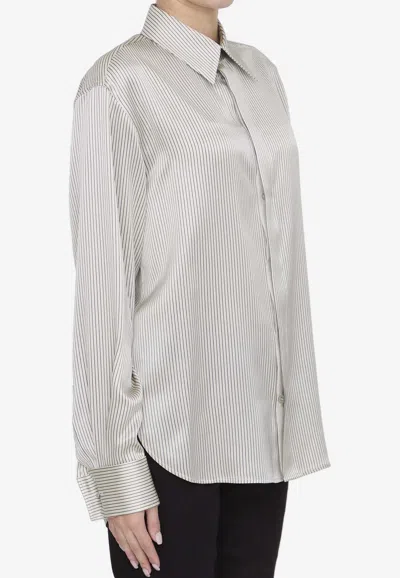 Shop Saint Laurent Boyfriend Striped Silk Satin Shirt In Gray