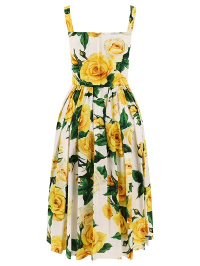 Shop Dolce & Gabbana Rose-print Midi Dress In Yellow