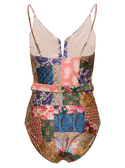 Shop Zimmermann Multicolor Swimsuit With All-over Paisley Motif And Belt In Stretch Polyamide Woman