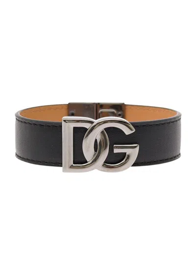 Shop Dolce & Gabbana Black Bracelet With Dg Logo In Leather Man