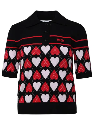 Shop Msgm Two-tone Viscose Polo Shirt In Black
