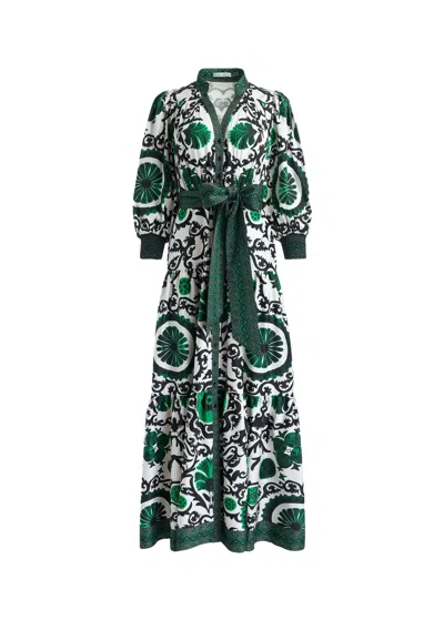 Shop Alice And Olivia Alice + Olivia Cora Voluminous Tiered Midi Shirtdress, Monarch Light Emerald Medium In Multi