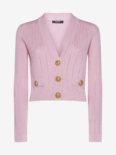 Shop Balmain Viscose-blend Cropped Cardigan In Pink