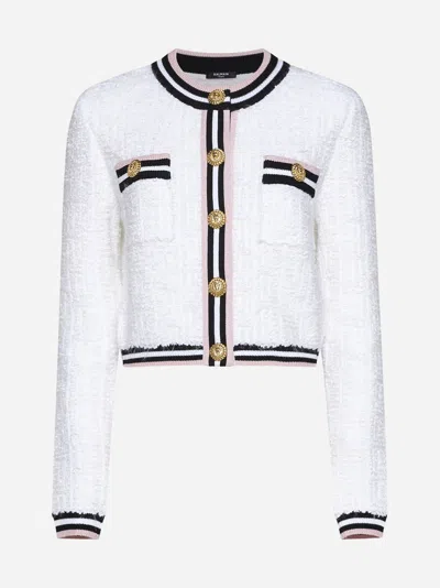 Shop Balmain Monogram Boucle' Jacket In White,black,pink
