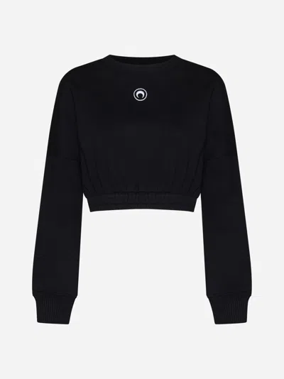 Shop Marine Serre Logo Cotton Cropped Sweatshirt In Black