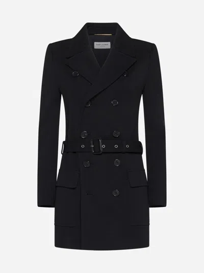 Shop Saint Laurent Wool-blend Double-breasted Jacket In Black